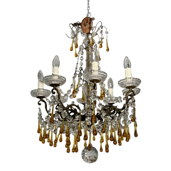 Lustre à pampilles à 8 feux, en bronze et cristal, gouttes en verre ambré, circa 1900