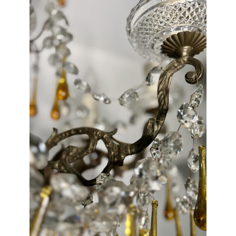 Eight-light chandelier with pendants, in bronze and crystal, amber glass drops, circa 1900