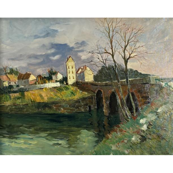 Maurice Lemaitre "De Brug", olieverf op doek, Franse school van de 20e eeuw.