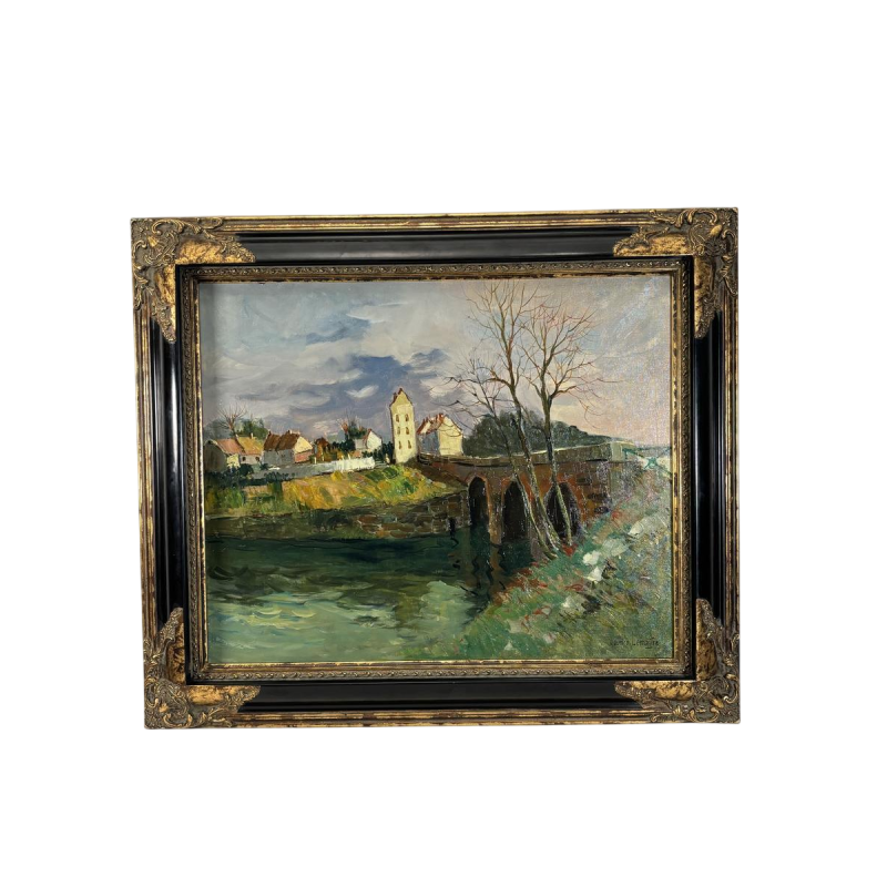 Maurice Lemaitre "Le Pont" huile sur toile, Ecole française du XXe siècle