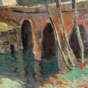 Maurice Lemaitre "Le Pont" huile sur toile, Ecole française du XXe siècle