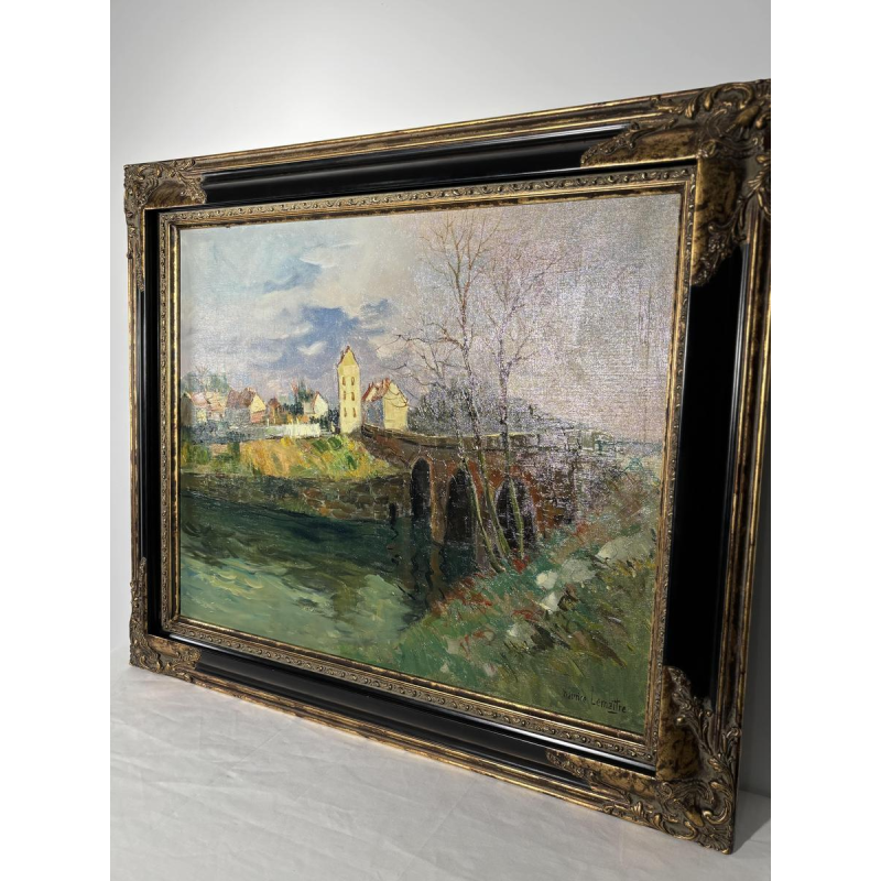 Maurice Lemaitre "The Bridge" oil on canvas, French School of the 20th century