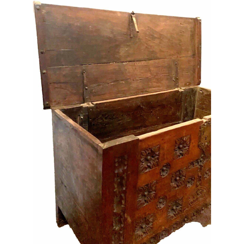 Antique Renaissance-style carved oak chest, 18th century