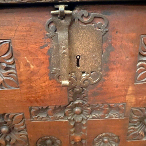 Antique Renaissance-style carved oak chest, 18th century