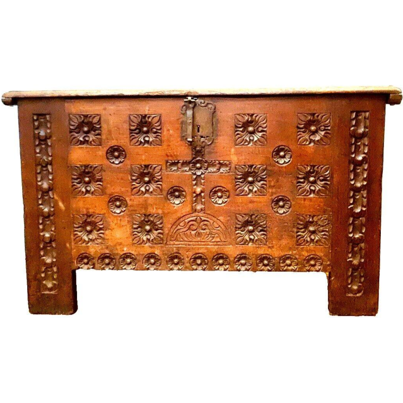Antique Renaissance-style carved oak chest, 18th century