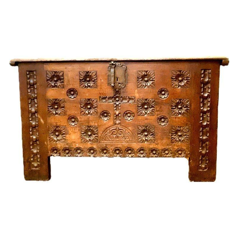 Antique Renaissance-style carved oak chest, 18th century
