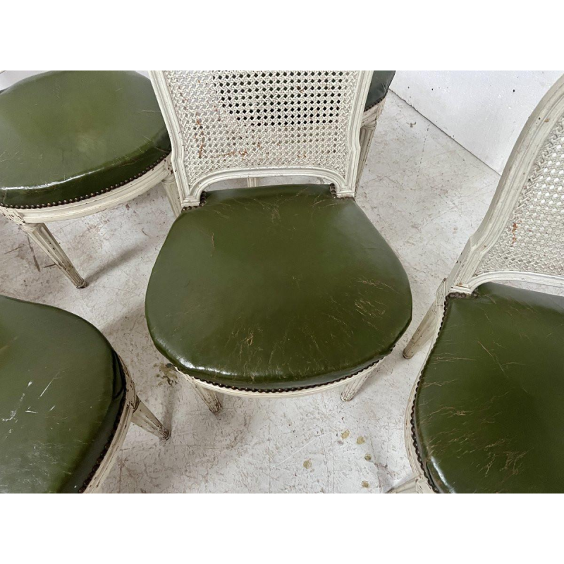 Set of seven Louis XVI style chairs in patinated beechwood, 20th century