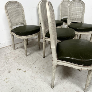 Set of seven Louis XVI style chairs in patinated beechwood, 20th century