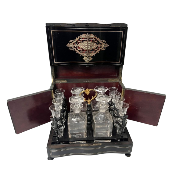 Cave à liqueur complète Boulle, coffret boite marqueterie, époque Napoléon III, XIX s