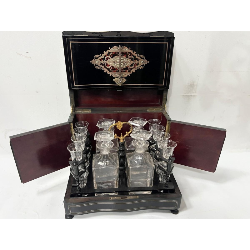 Cave à liqueur complète Boulle, coffret boite marqueterie, époque Napoléon III, XIX s