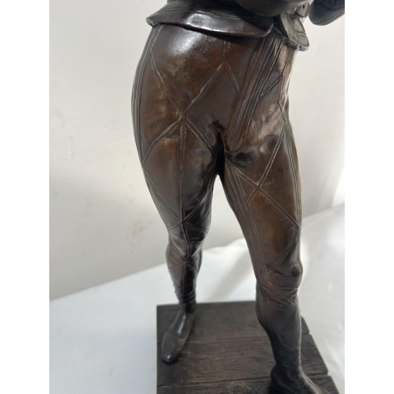 Marcel Debut "The Musician Harlequin" bronze sculpture with brown patina, ca. 1900