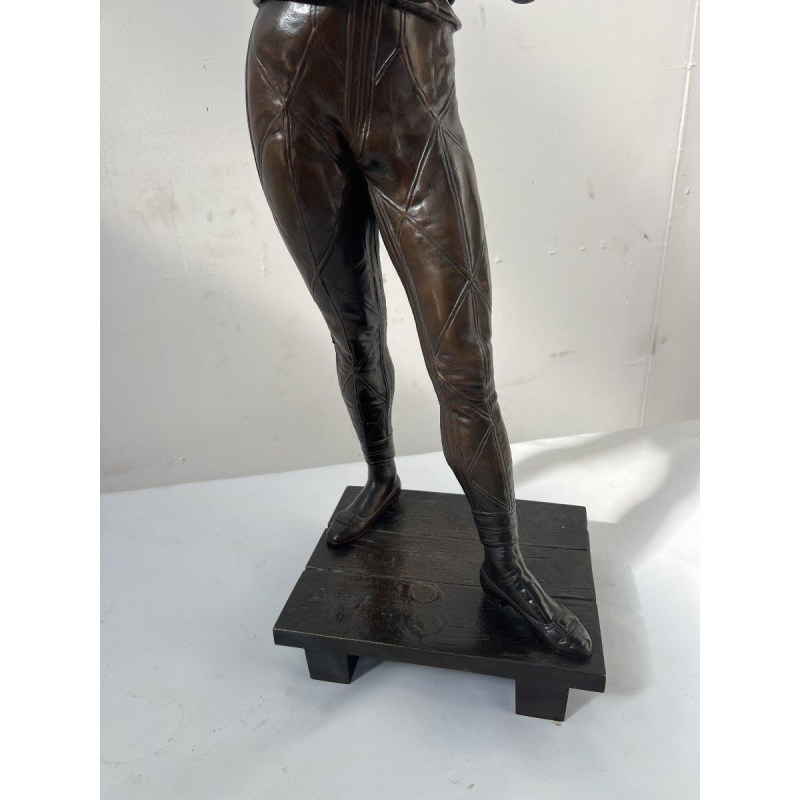 Marcel Debut "The Musician Harlequin" bronze sculpture with brown patina, ca. 1900