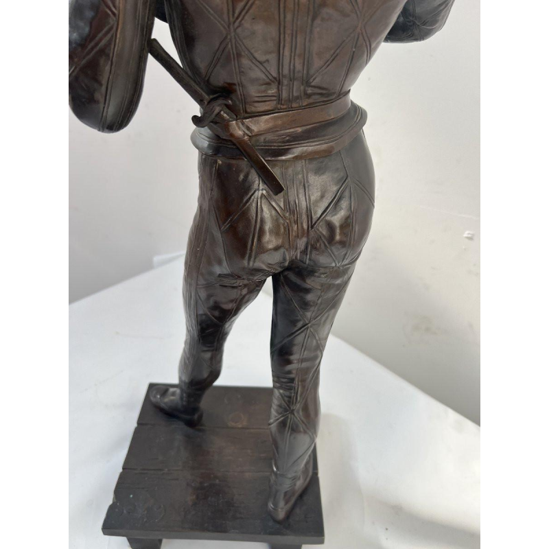Marcel Debut "The Musician Harlequin" bronze sculpture with brown patina, ca. 1900
