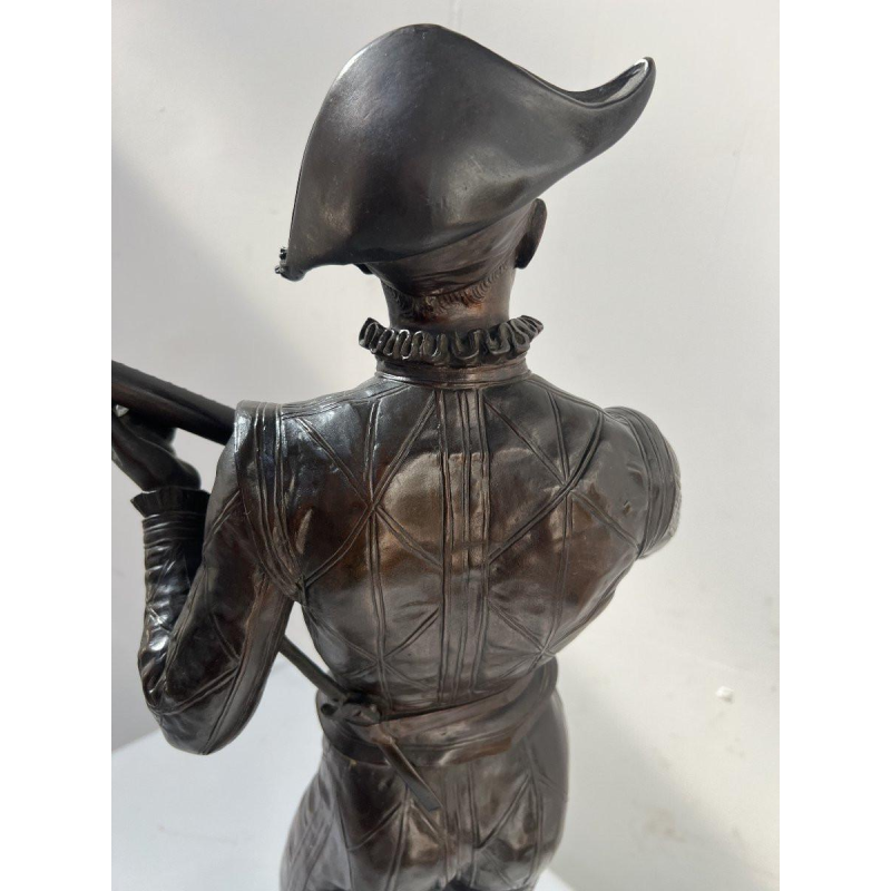 Marcel Debut "The Musician Harlequin" bronze sculpture with brown patina, ca. 1900