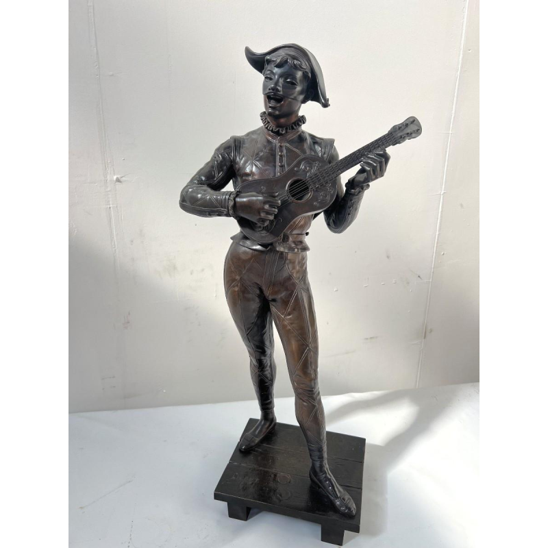 Marcel Debut "The Musician Harlequin" bronze sculpture with brown patina, ca. 1900