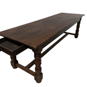Grande table de ferme à pieds balustres et tiroir, hêtre massif, XIX siècle
