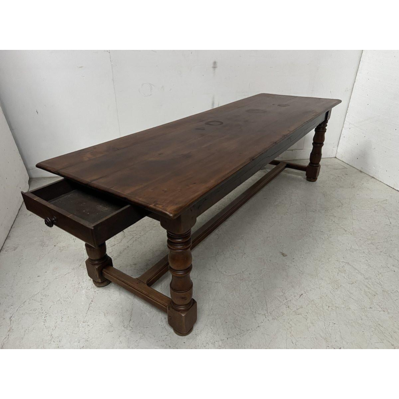 Grande table de ferme à pieds balustres et tiroir, hêtre massif, XIX siècle
