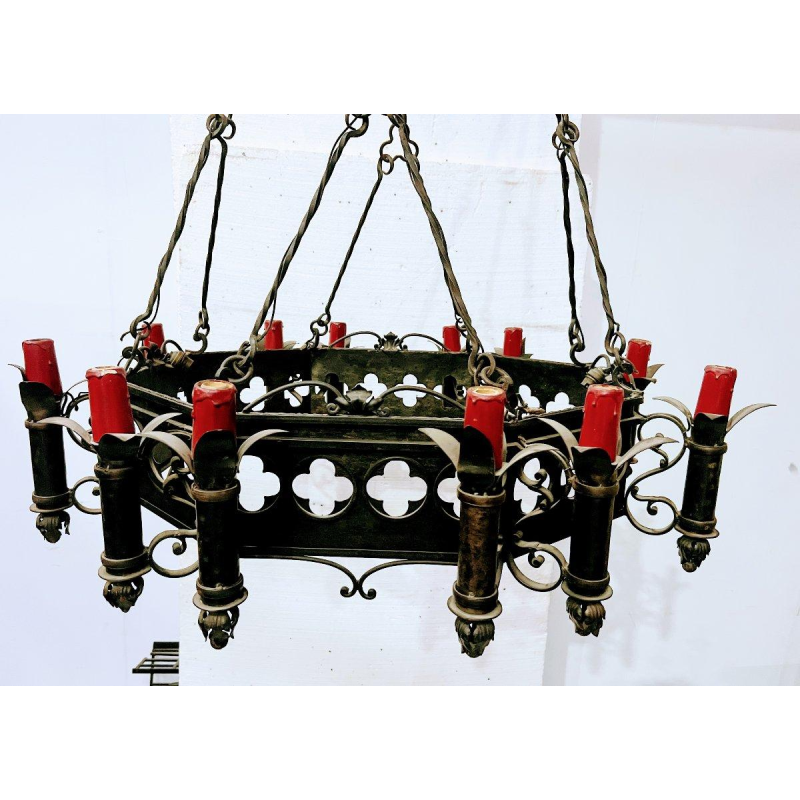 20th century Renaissance-style hammered wrought iron chandelier