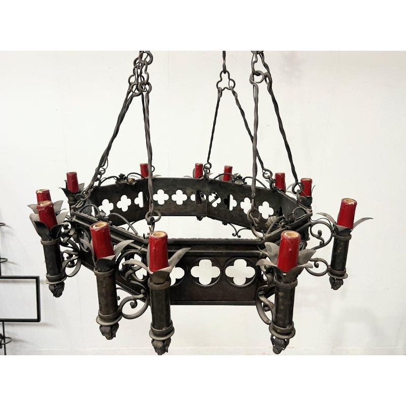 20th century Renaissance-style hammered wrought iron chandelier