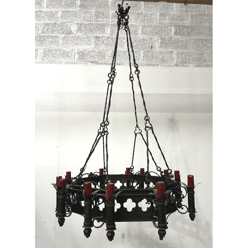 20th century Renaissance-style hammered wrought iron chandelier