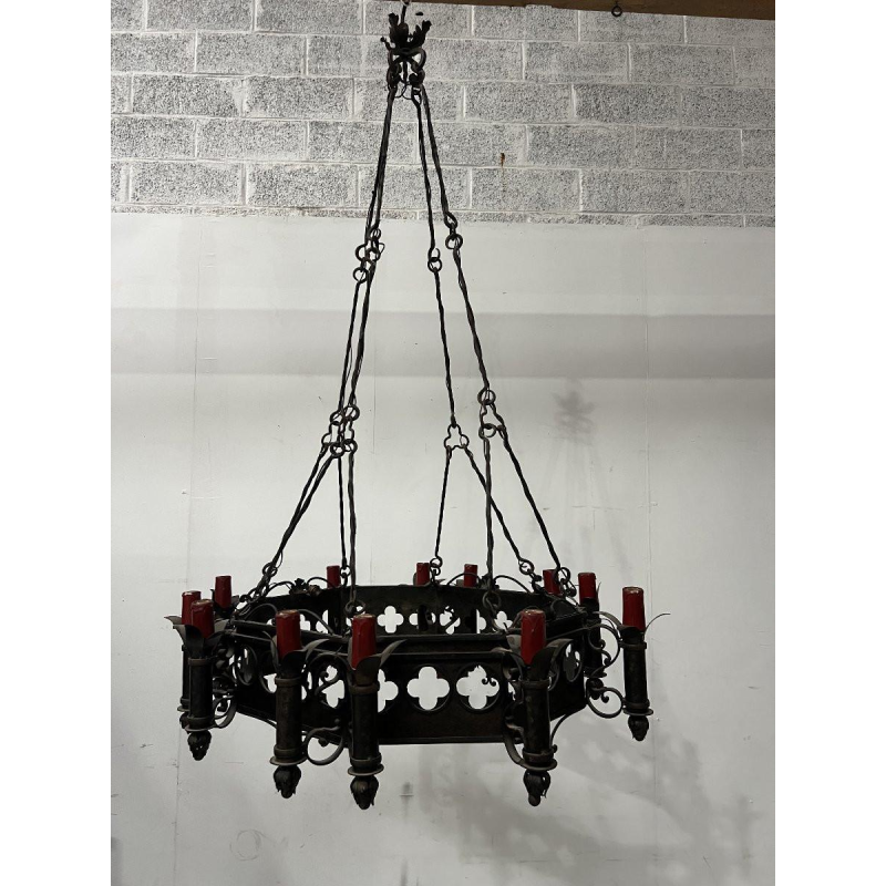 20th century Renaissance-style hammered wrought iron chandelier
