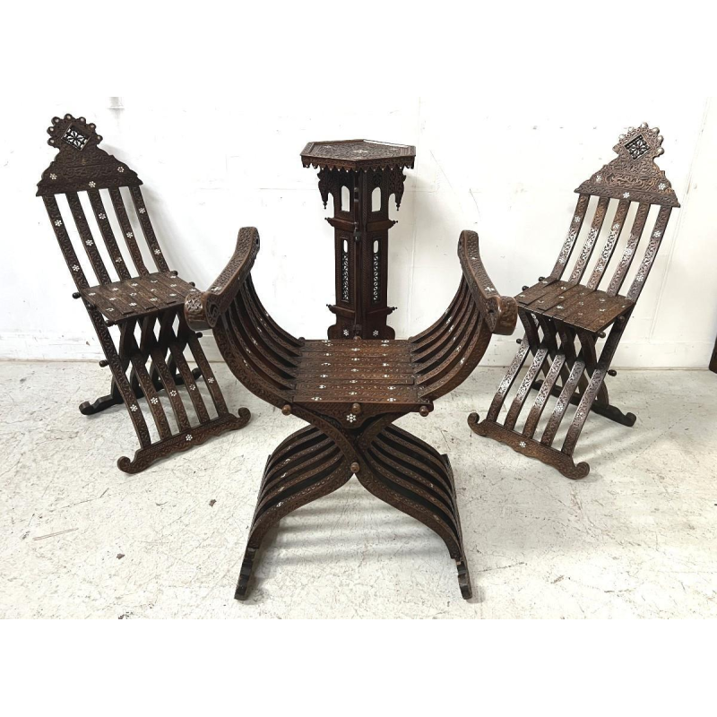 Syrian-style carved wooden living room furniture, 19th century