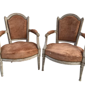 Pair of Louis XVI style armchairs in patinated beechwood, 20th century