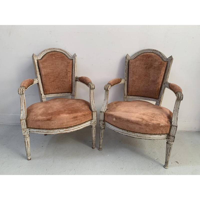 Pair of Louis XVI style armchairs in patinated beechwood, 20th century