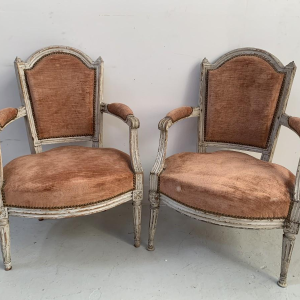 Pair of Louis XVI style armchairs in patinated beechwood, 20th century