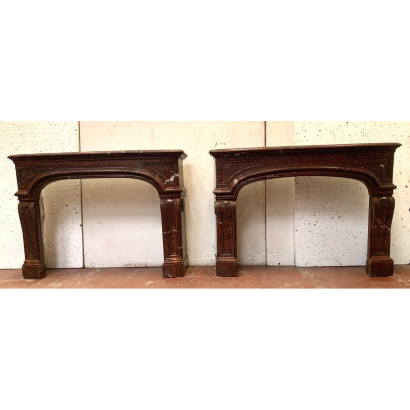 Pair of Louis XIV style fireplaces in griotte red marble, 19th century