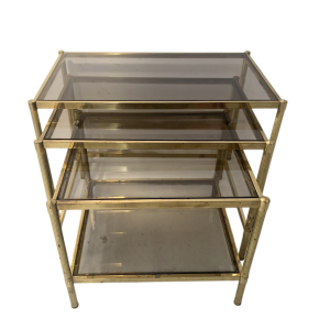 Suite de trois tables gigognes vintage en laiton et verre fumé, XXe siècle
