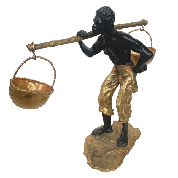 Bronze sculpture with a double patina, "African Man Carrying a Basket Balancing Act," 20th century