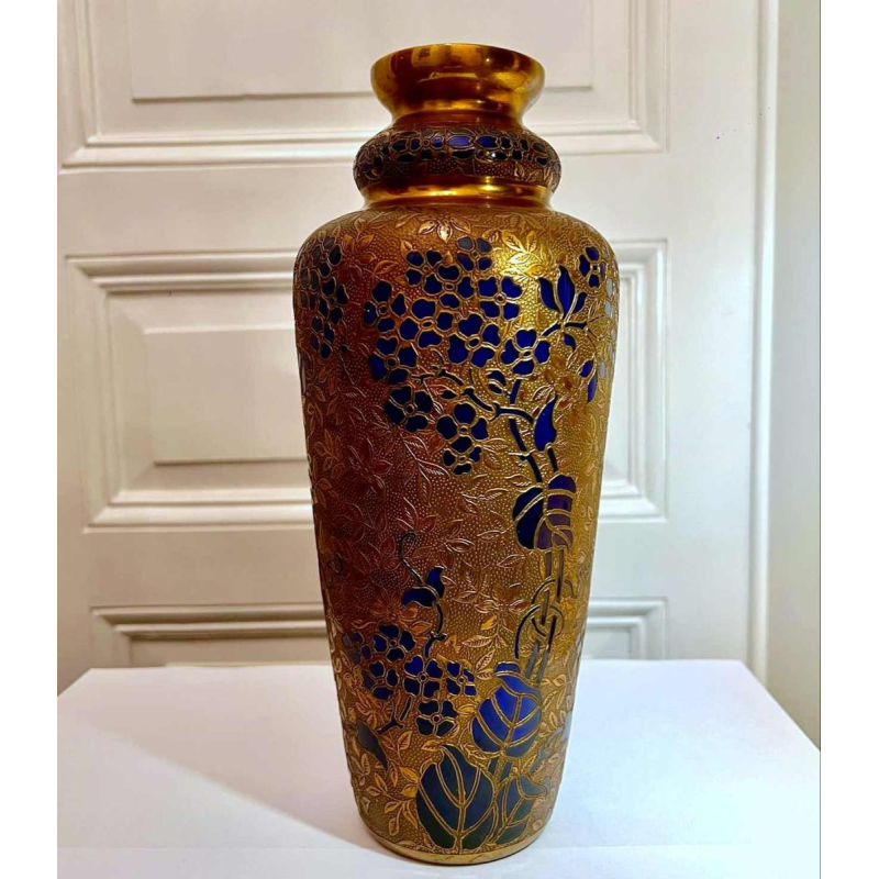 Léon Ledru pour Val Saint Lambert, vase Art Nouveau cristal bleu cobalt et galvanoplastie, 1900