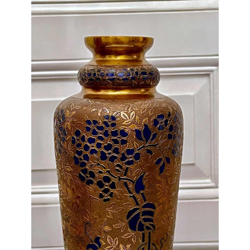 Léon Ledru voor Val Saint Lambert, Jugendstil kobaltblauwe kristallen en gegalvaniseerde vaas 1900