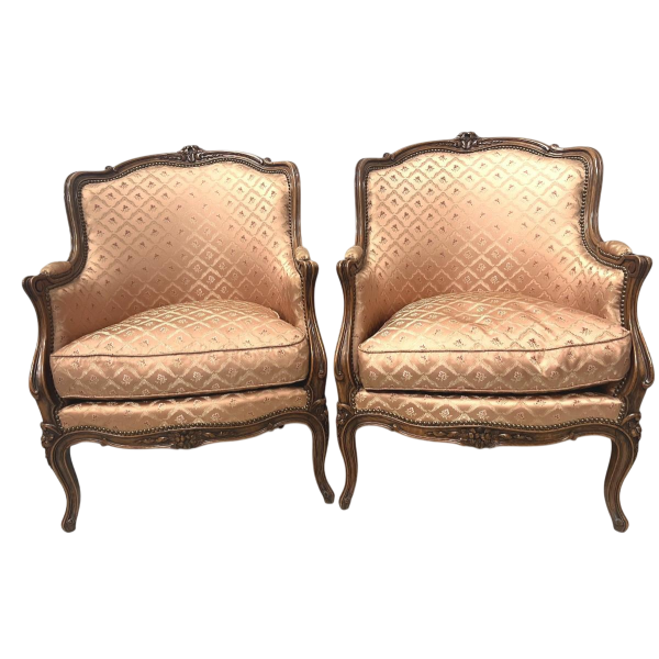 Pair of Louis XV style bergère armchairs in natural wood – 20th century