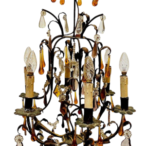 Louis XV style cage chandelier with pendants and water droplets – 20th century