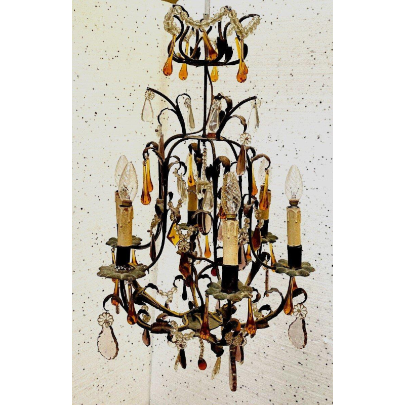 Louis XV style cage chandelier with pendants and water droplets – 20th century