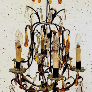 Louis XV style cage chandelier with pendants and water droplets – 20th century