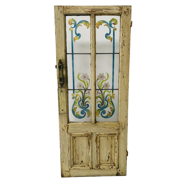 Porte de passage en sapin patiné et verre peint Art Déco