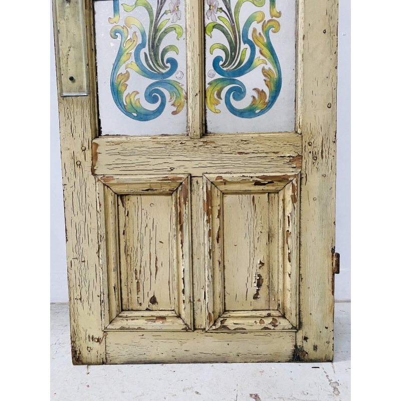 Porte de passage en sapin patiné et verre peint Art Déco