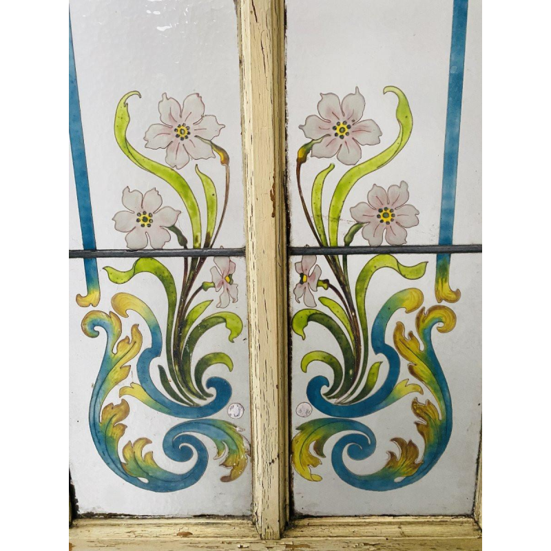 Art Deco style doorway in patinated fir and painted glass