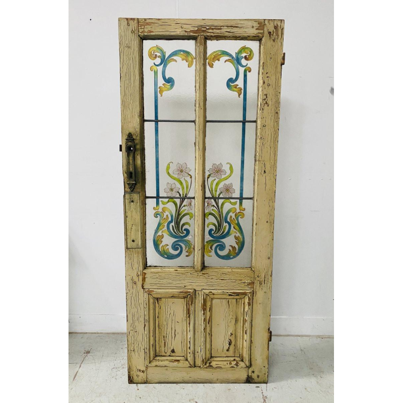 Art Deco style doorway in patinated fir and painted glass