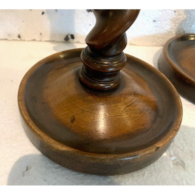 Pair of candlesticks with a central twisted column, solid walnut – 19th century