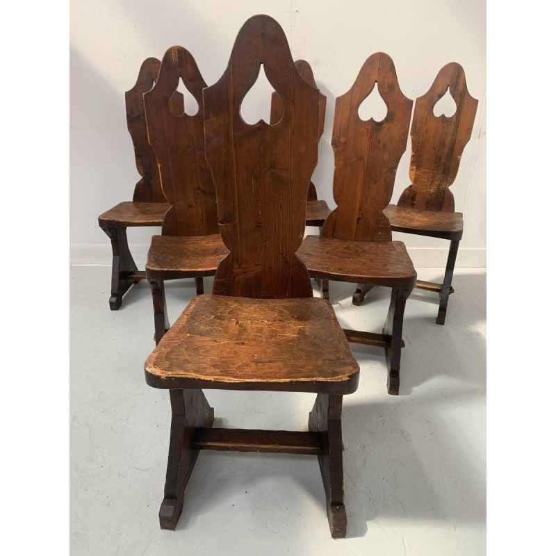 Set of six Brutalist style natural wood chairs – 20th century