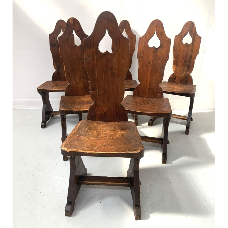 Set of six Brutalist style natural wood chairs – 20th century