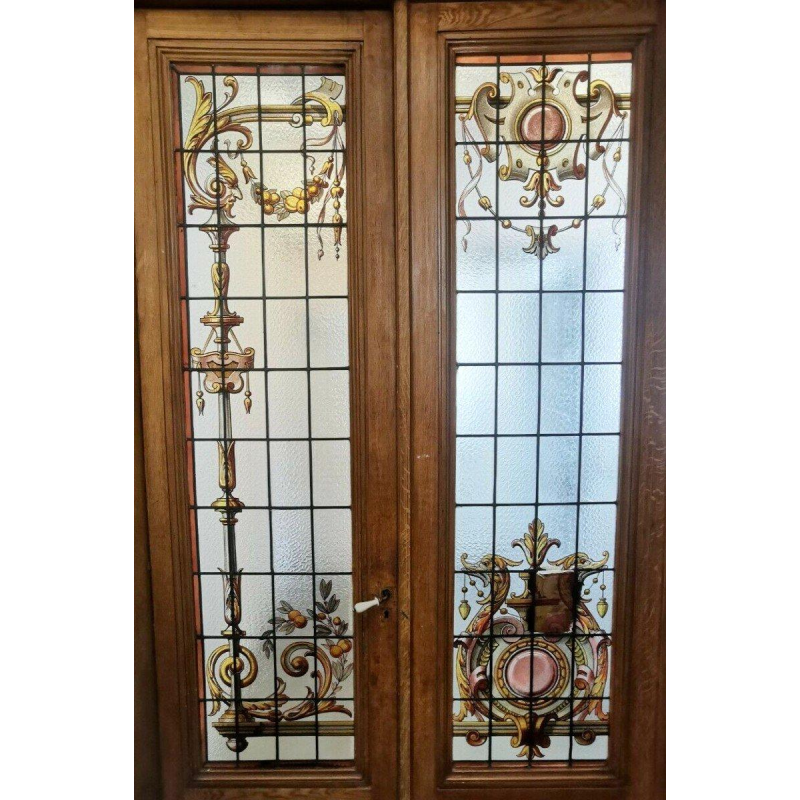 Huis Labille, set van drie glas-in-lood scheidingsdeuren met bloemmotieven – begin 20e eeuw