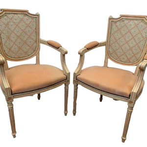 Pair of Louis XVI style armchairs in patinated beech – 20th century
