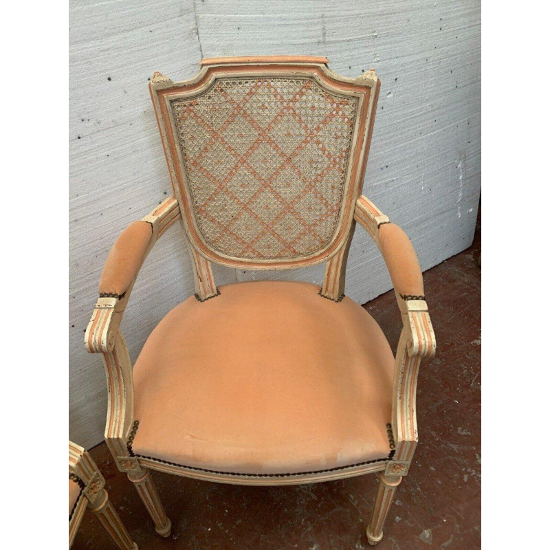 Een paar fauteuils in Lodewijk XVI-stijl van gepatineerd beukenhout – 20e eeuw