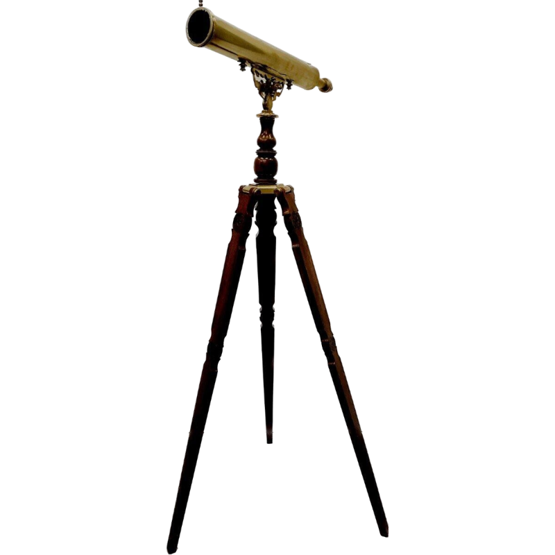 Longue-vue en laiton avec pied de support en acajou – XXᵉ siècle