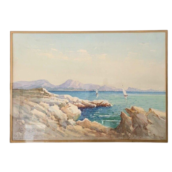 « Voiliers sur lac de montagne » gouache sur papier, encadrée et signée, 1917